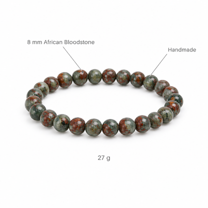Bransoletka z afrykanskiego kamienia krwi, specyfikacja na bialym tle, 8 mm African Bloodstone, Handmade, 27 g