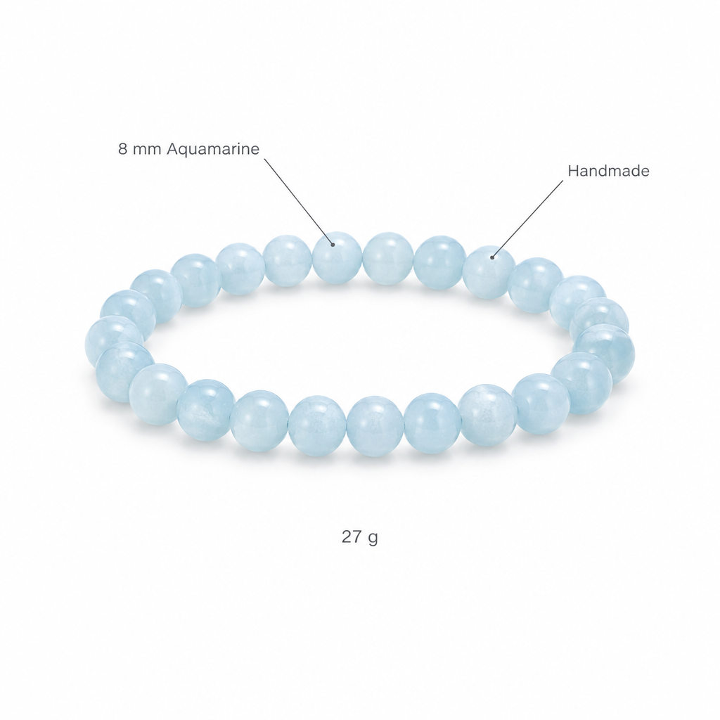 Bransoletka z akwamarynu, specyfikacja na bialym tle, 8 mm Aquamarine, Handmade, 27 g