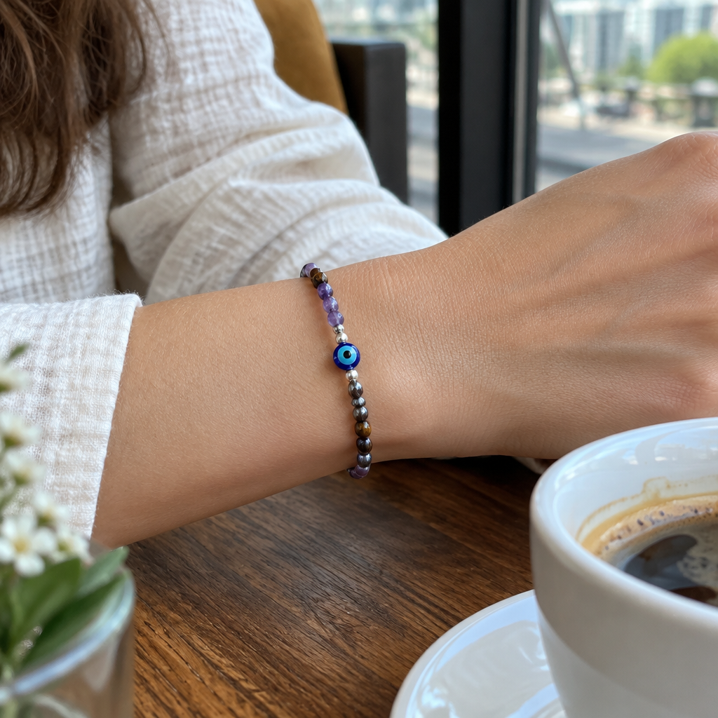 Bransoletka z ametystem tygrysim okiem i niebieskim oczkiem na nadgarstku, lifestyle restauracja