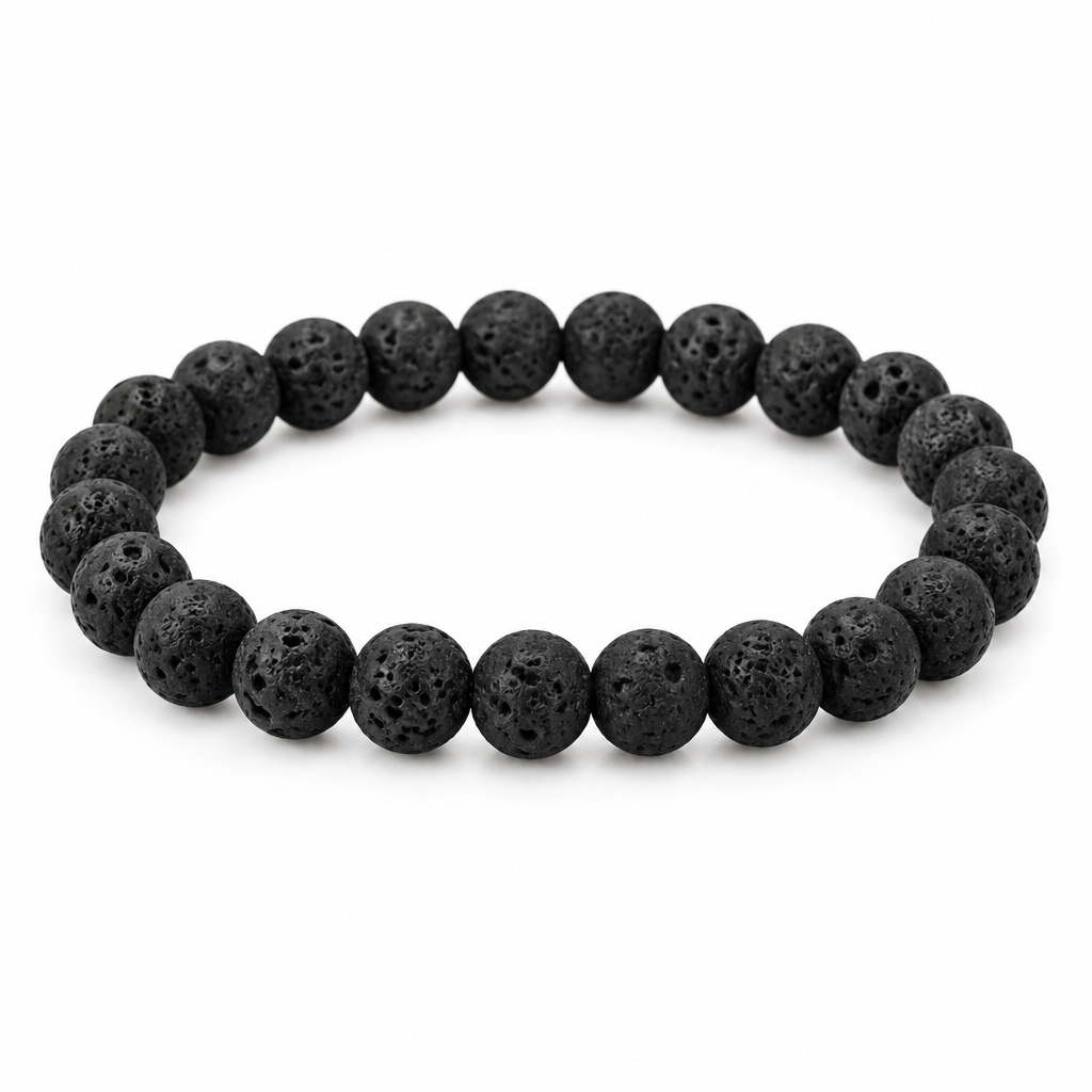 Bransoletka z czarnego kamienia lawy bez przetylki, produkt na bialym tle