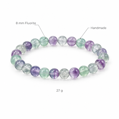 Bransoletka z fluoritu, specyfikacja na bialym tle, 8 mm Fluorite, Handmade, 27 g