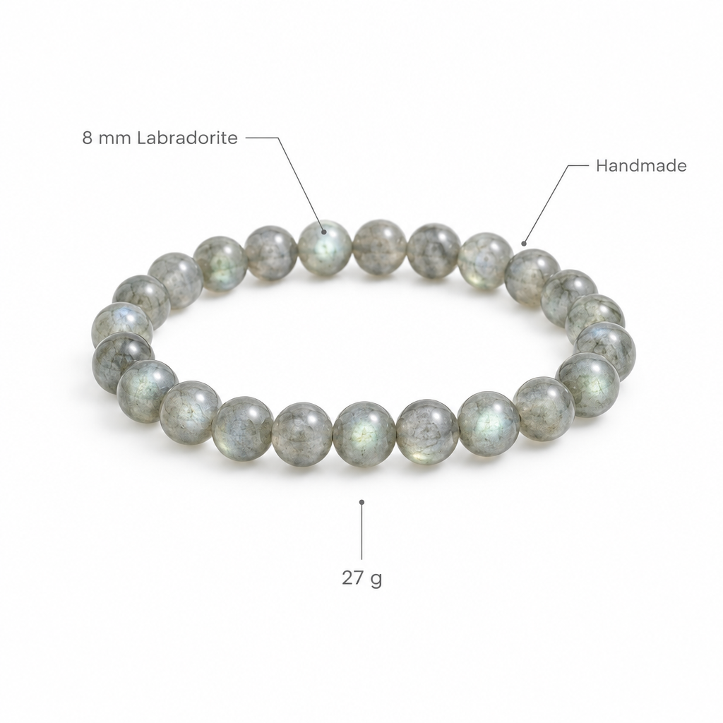 Bransoletka z jasnego labradoritu, specyfikacja na bialym tle, 8 mm Labradorite, Handmade, 27 g