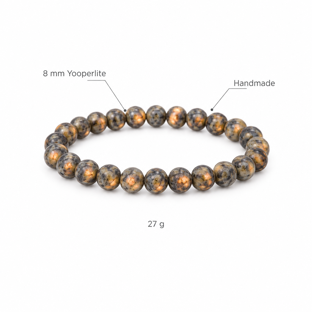 Bransoletka z yooperlitu, specyfikacja na bialym tle, 8 mm Yooperlite, Handmade, 27 g