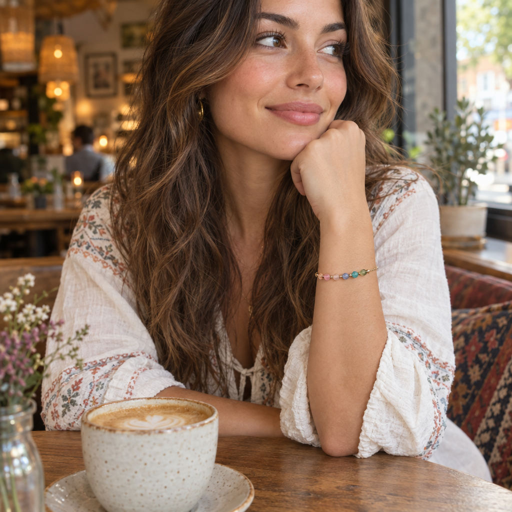 Delikatna bransoletka z fasetowanych kolorowych kamieni na nadgarstku, lifestyle restauracja