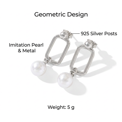 Geometryczne kolczyki w srebrnym kolorze ze sztucznymi perłami, specyfikacja na białym tle