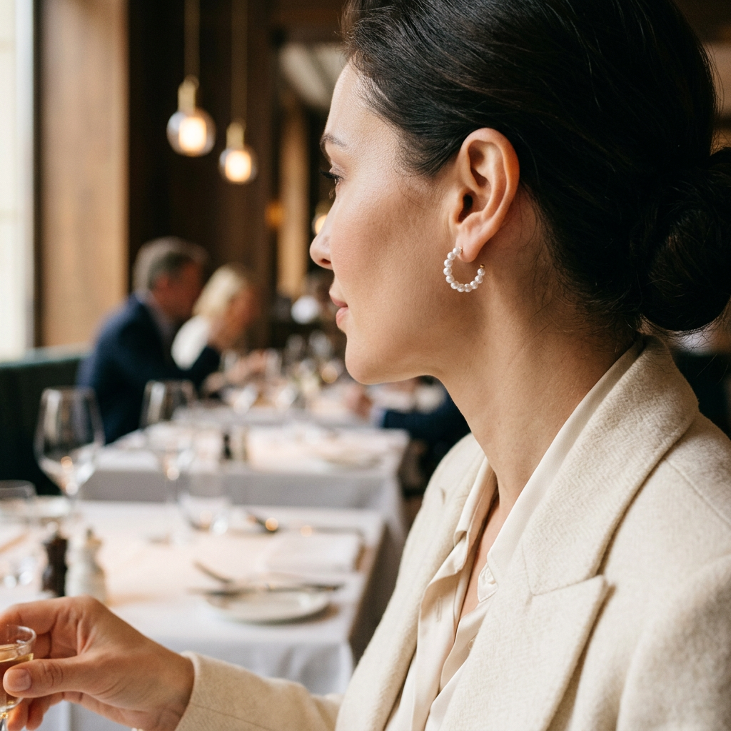 Kolczyk kółko z białą imitacją pereł w stylizacji w restauracji
