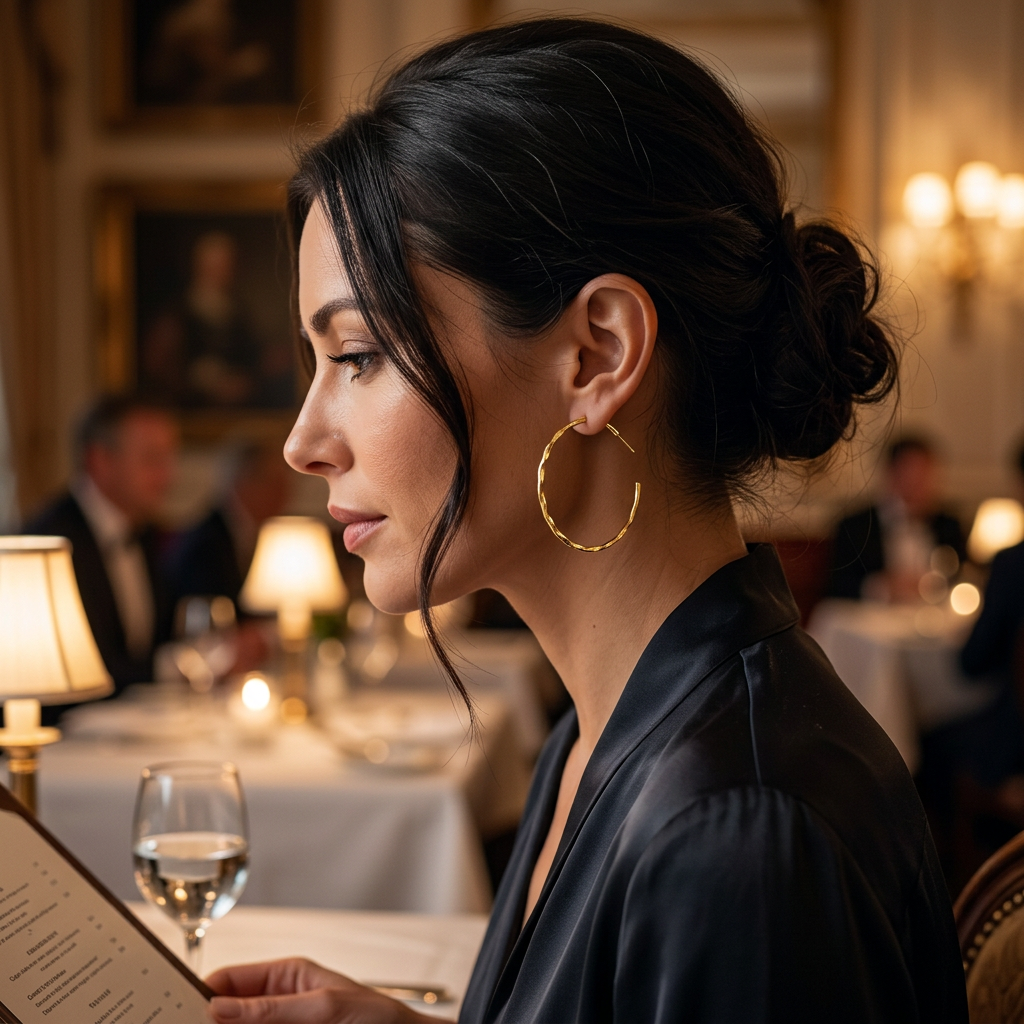 Złote kolczyki koła z falowaną fakturą w stylizacji w restauracji