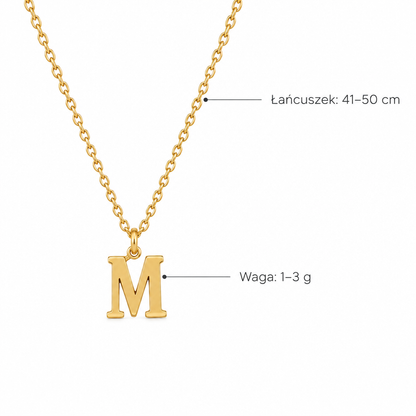 Złoty naszyjnik z literą M – specyfikacja: łańcuszek 41–50 cm, waga 1–3 g