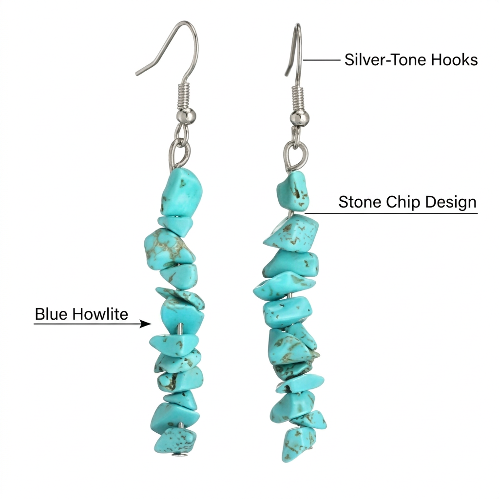 Kolczyki Blue Howlite, angielski opis detali na białym tle
