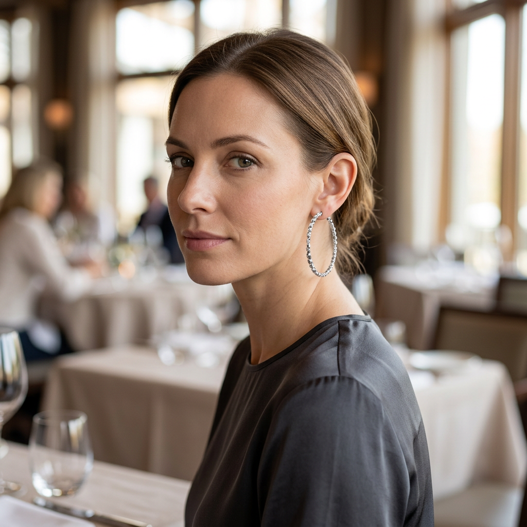 Modelka z fakturowanym kolczykiem kółkiem w srebrnym kolorze w restauracji