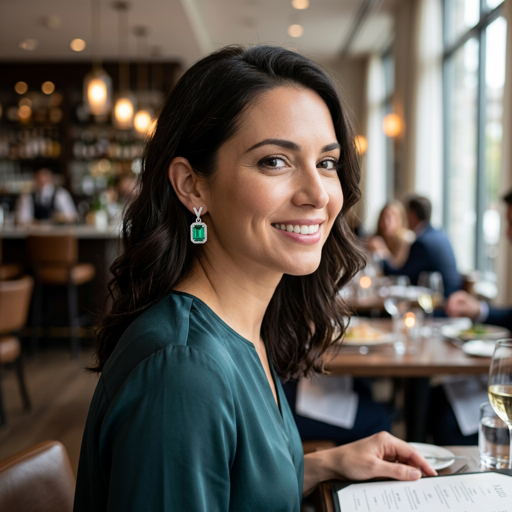 Modelka z kolczykiem w srebrnym kolorze z zielonym kamieniem w restauracji