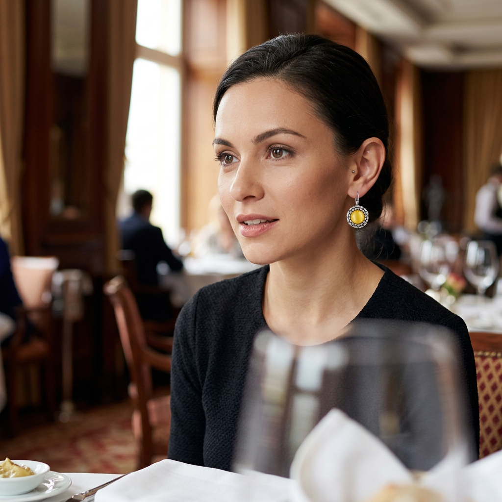 Modelka z małym żółtym kolczykiem Sunflower w restauracji
