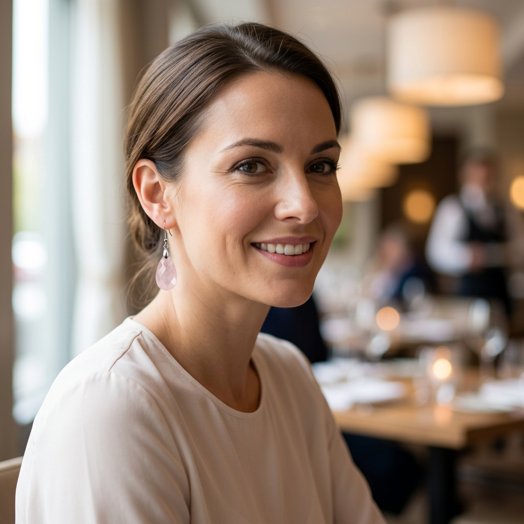 Modelka z różowym fasetowanym kolczykiem kroplą w restauracji