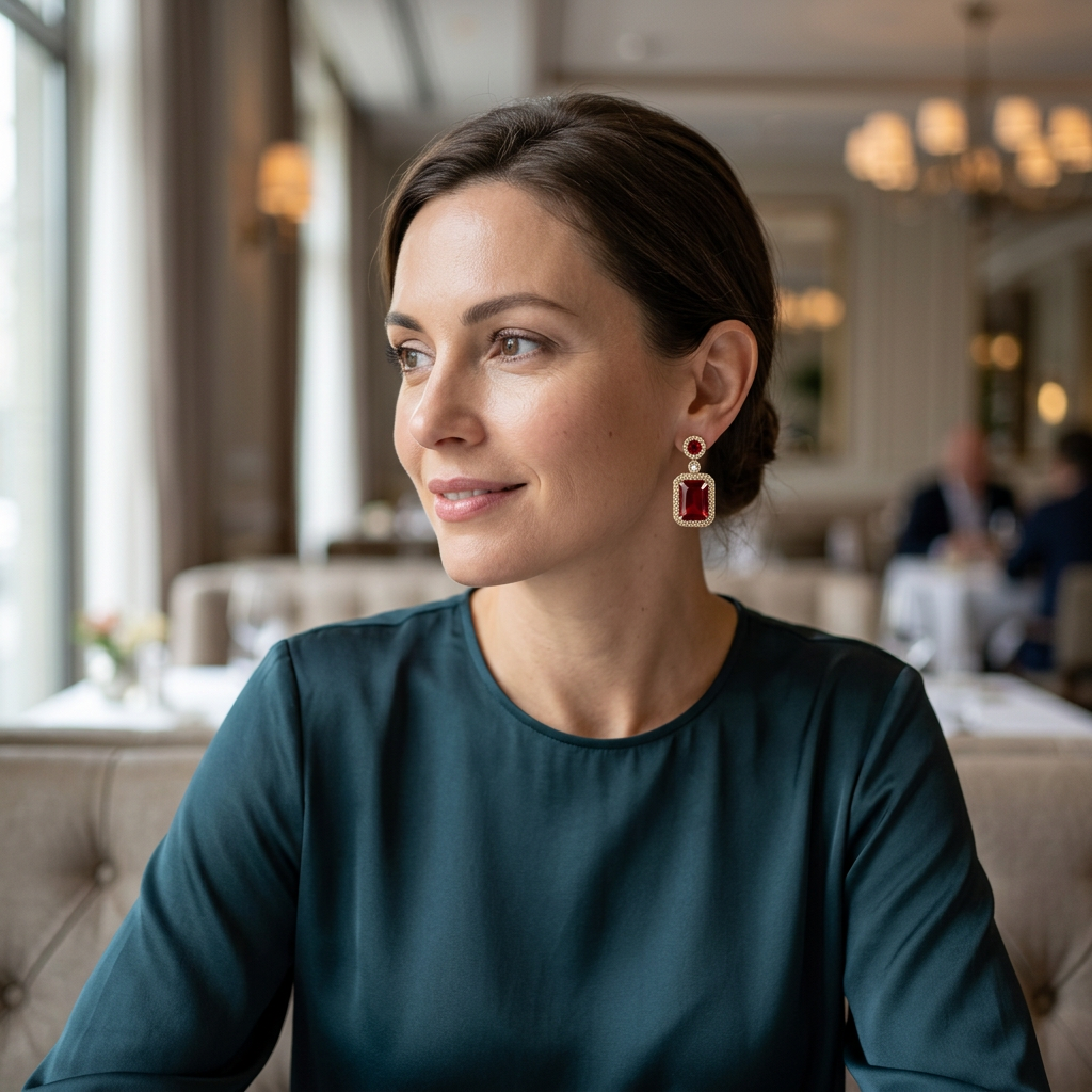Modelka ze złotym kolczykiem z czerwoną cyrkonią w restauracji