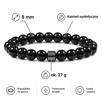 Specyfikacja bransoletki: koraliki 8 mm, kamień syntetyczny, ok. 27 g – czarna bransoletka na białym tle