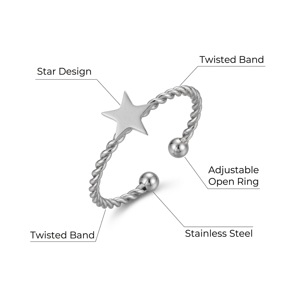Srebrny pierścionek z gwiazdą, angielska specyfikacja na białym tle